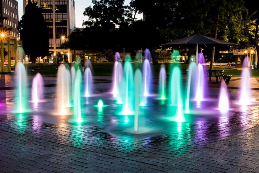 Garden Place fountain with lights, Hamilton, NZ
